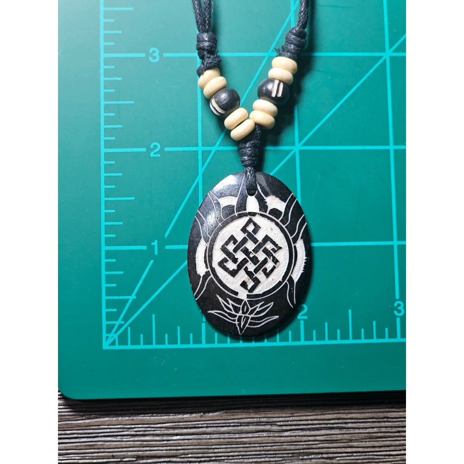 Vintage Carved Symbol Pendant Necklace Black Cord Beaded Adjustable