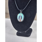Vintage Madonna Pendant Necklace Blue Enamel Oval Cross Back