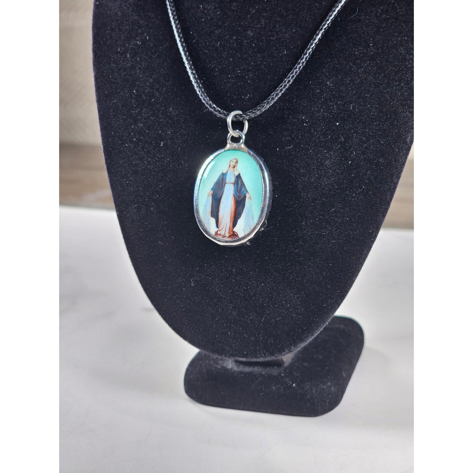 Vintage Madonna Pendant Necklace Blue Enamel Oval Cross Back