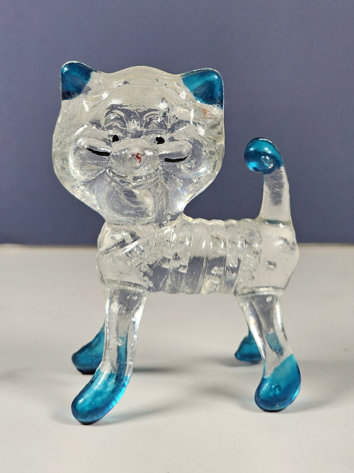 Vintage Collectible Clear Plastic Lucite Kitty Cat Figurine 1960s With Blue Acce