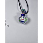 Glass Heart Bottle Pendant Necklace with Floral Design on Black Cord