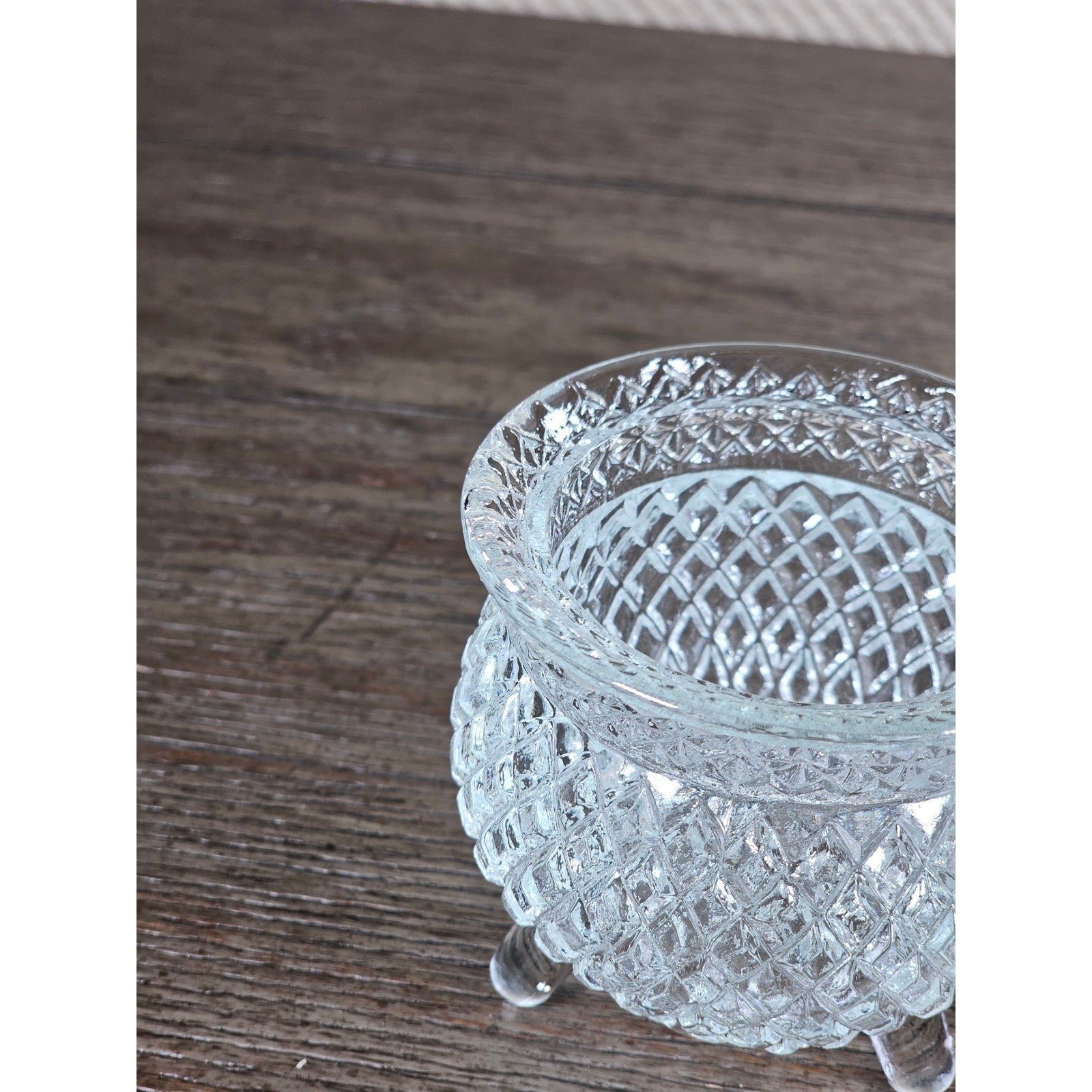 Vintage Cut Glass Footed Bowl 3x3 Diamond Pattern Trinket Dish
