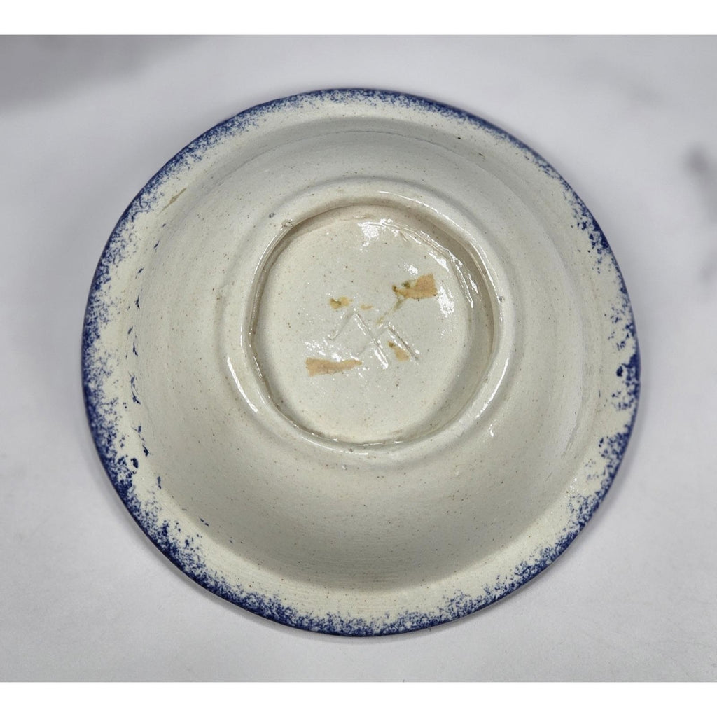 Vintage Hand-Turned Spongeware Bowl Blue Rim 4.5 Inch Rustic Pottery