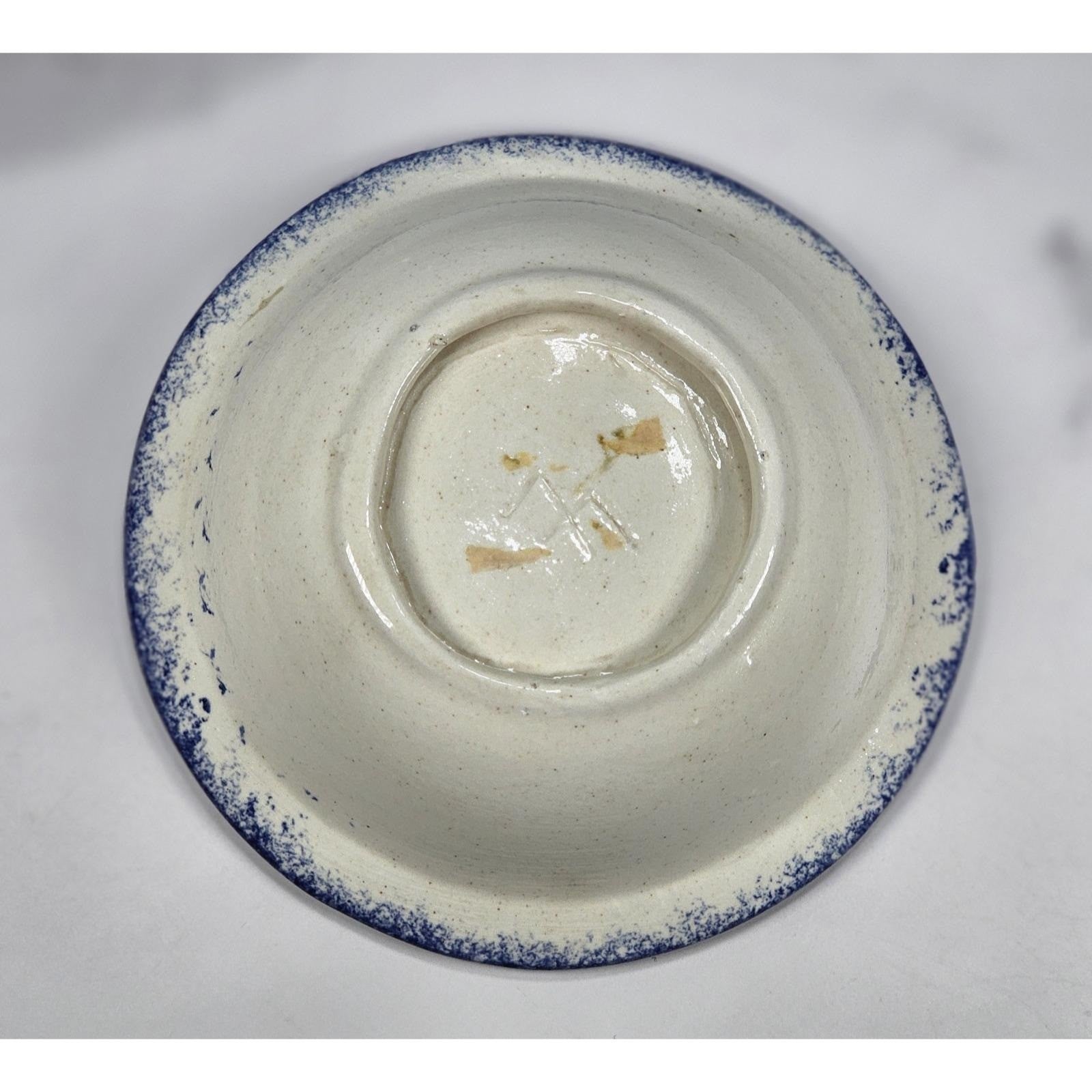 Vintage Hand-Turned Spongeware Bowl Blue Rim 4.5 Inch Rustic Pottery