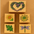 Wood Rubber Stamp Set Dragonfly Sunflower Daisy Leaf Set of 5