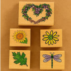 Wood Rubber Stamp Set Dragonfly Sunflower Daisy Leaf Set of 5