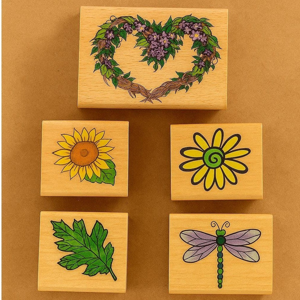 Wood Rubber Stamp Set Dragonfly Sunflower Daisy Leaf Set of 5