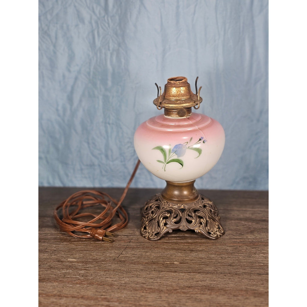Vintage Hand-Painted Milk Glass Table Lamp | Pink Floral | Project Piece