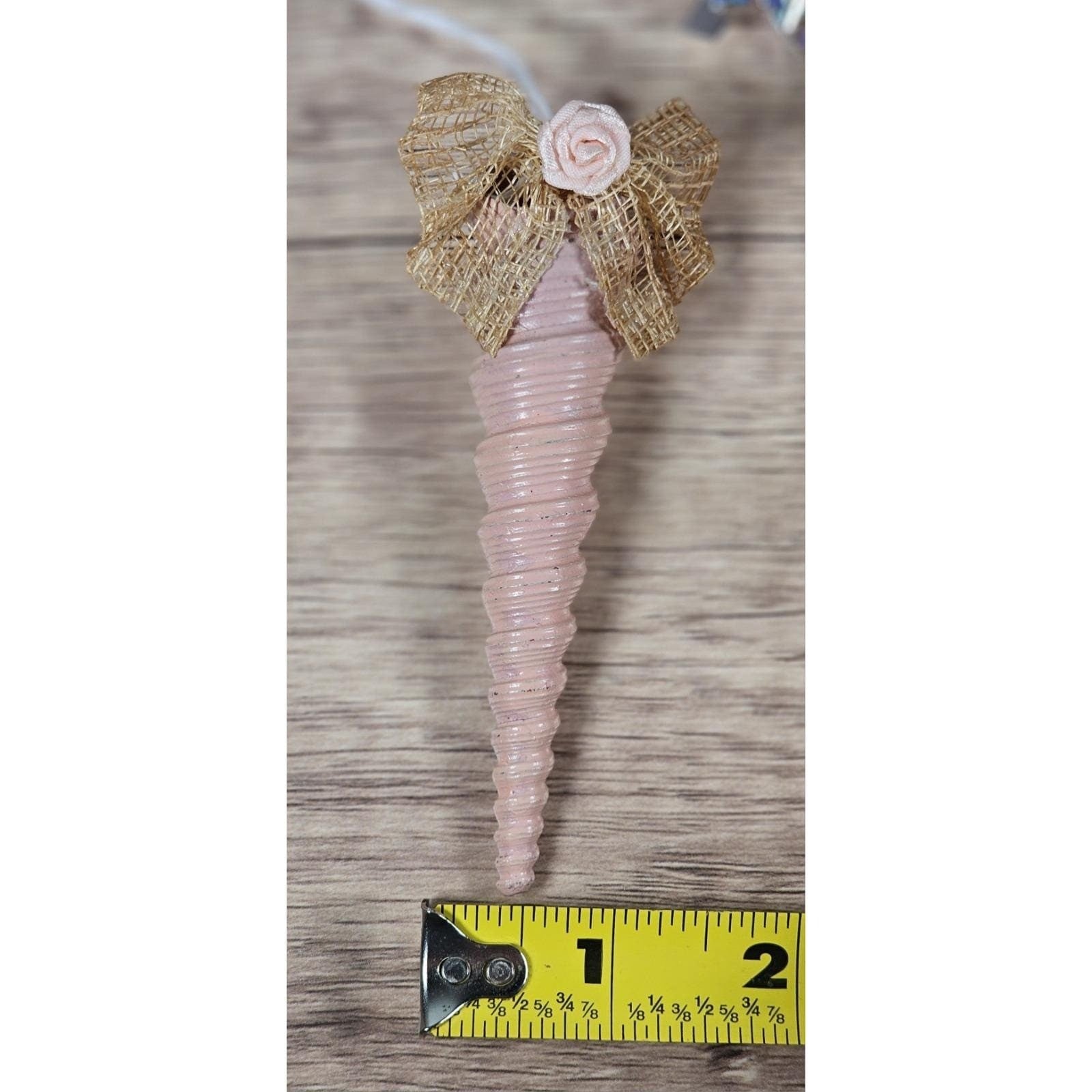 Vintage Pink Shell Christmas Ornament Gold Bow Rose 4 Inch