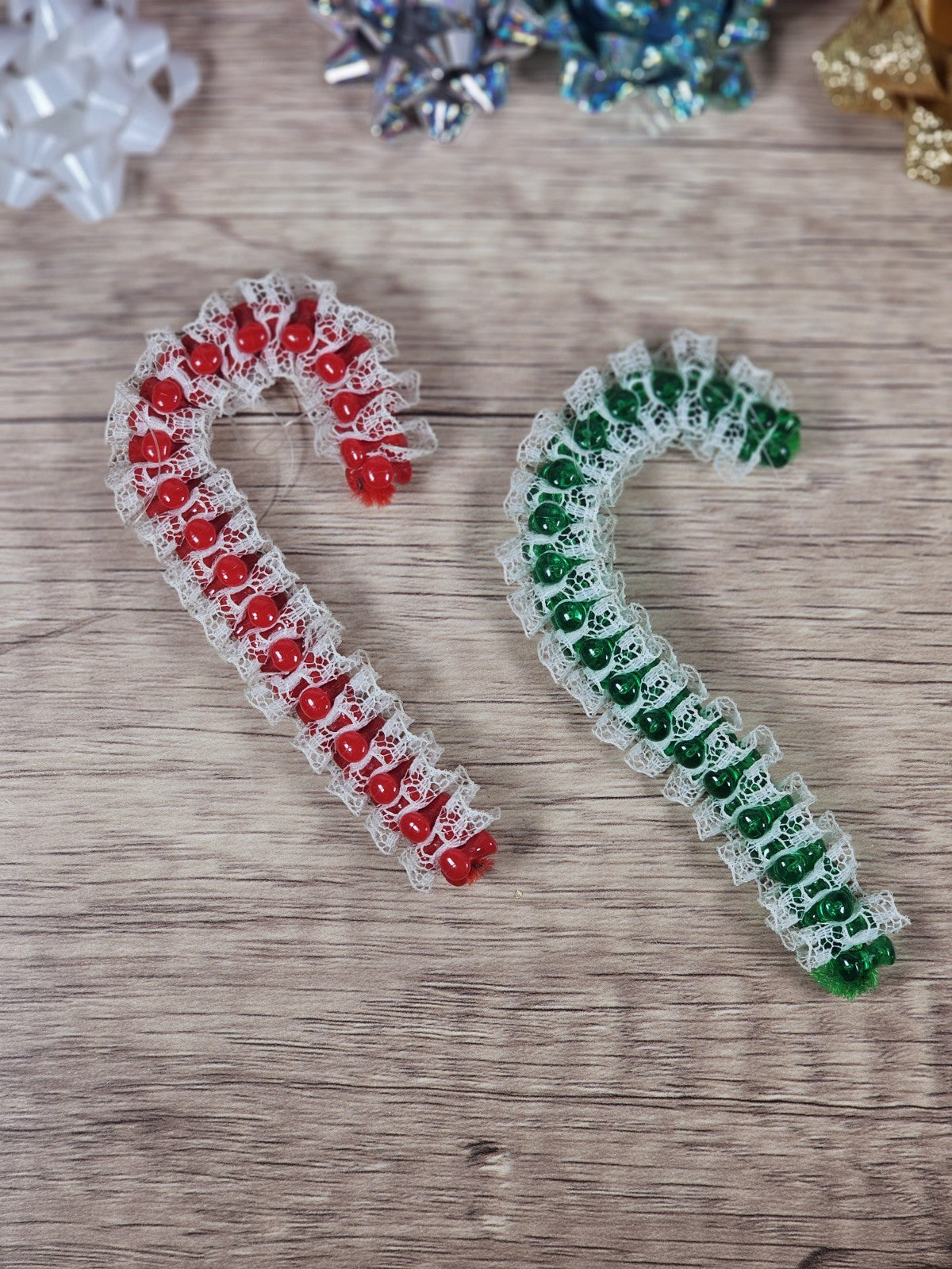Set Of 2 80s Vintage Lace Candy Cane Ornaments