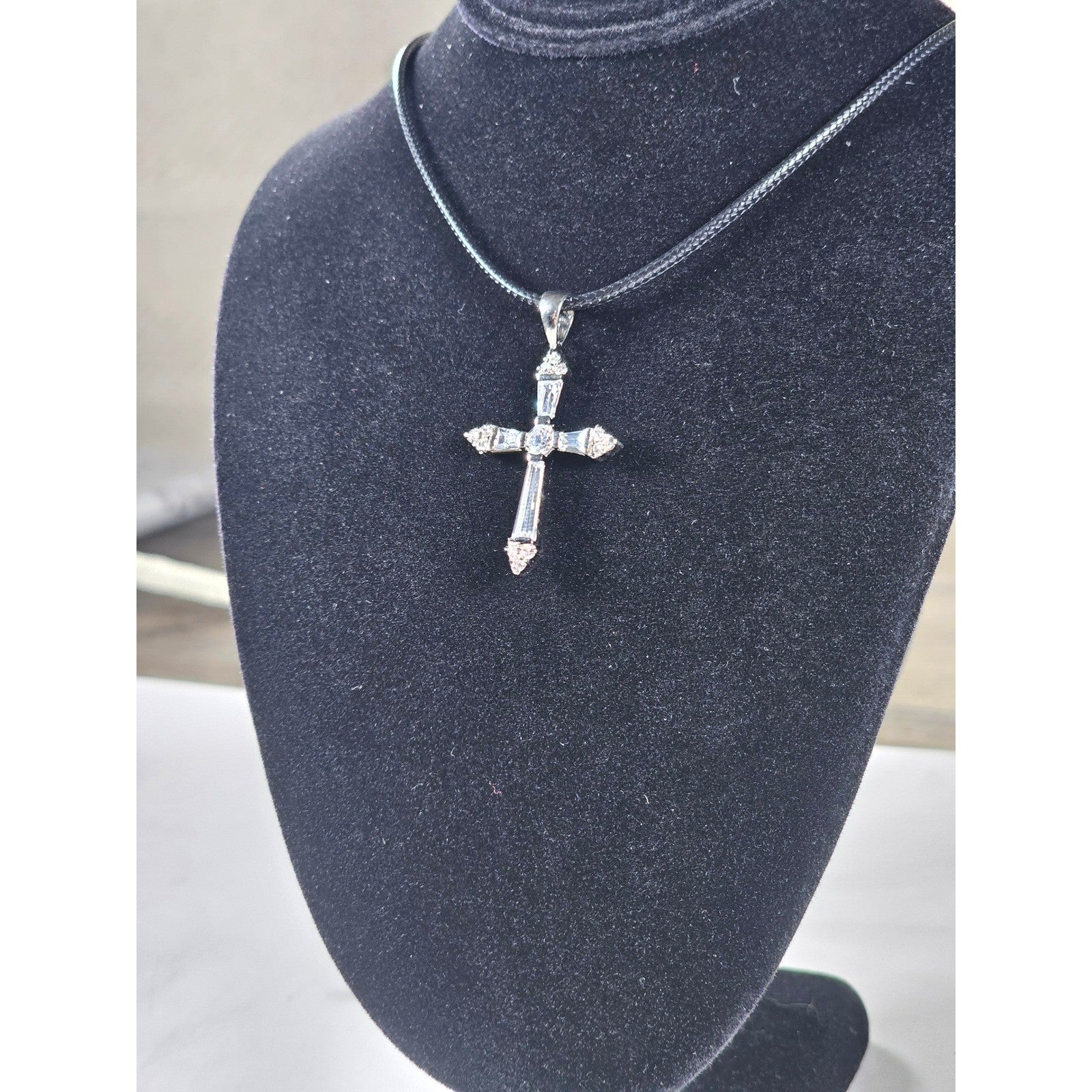 Vintage Sterling Silver Cross Necklace with CZ Stones Pendant