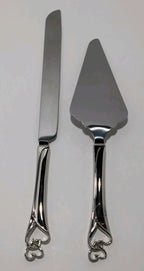 Wedding Promises Cake Knife & Server Set - Double Heart Design - Stainless Steel