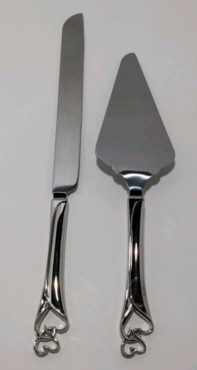 Wedding Promises Cake Knife & Server Set - Double Heart Design - Stainless Steel