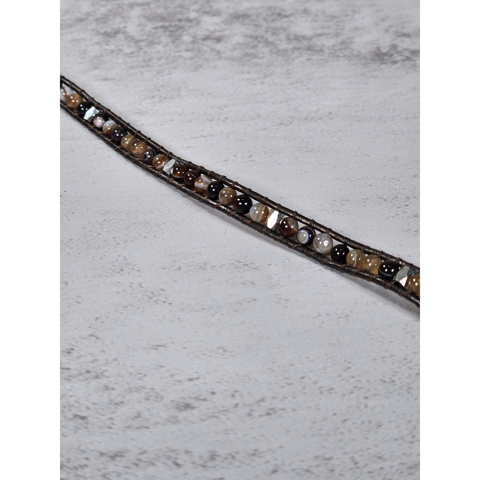 Brown Beaded Wrap Bracelet Leather Cord Multi Tone Stone Boho