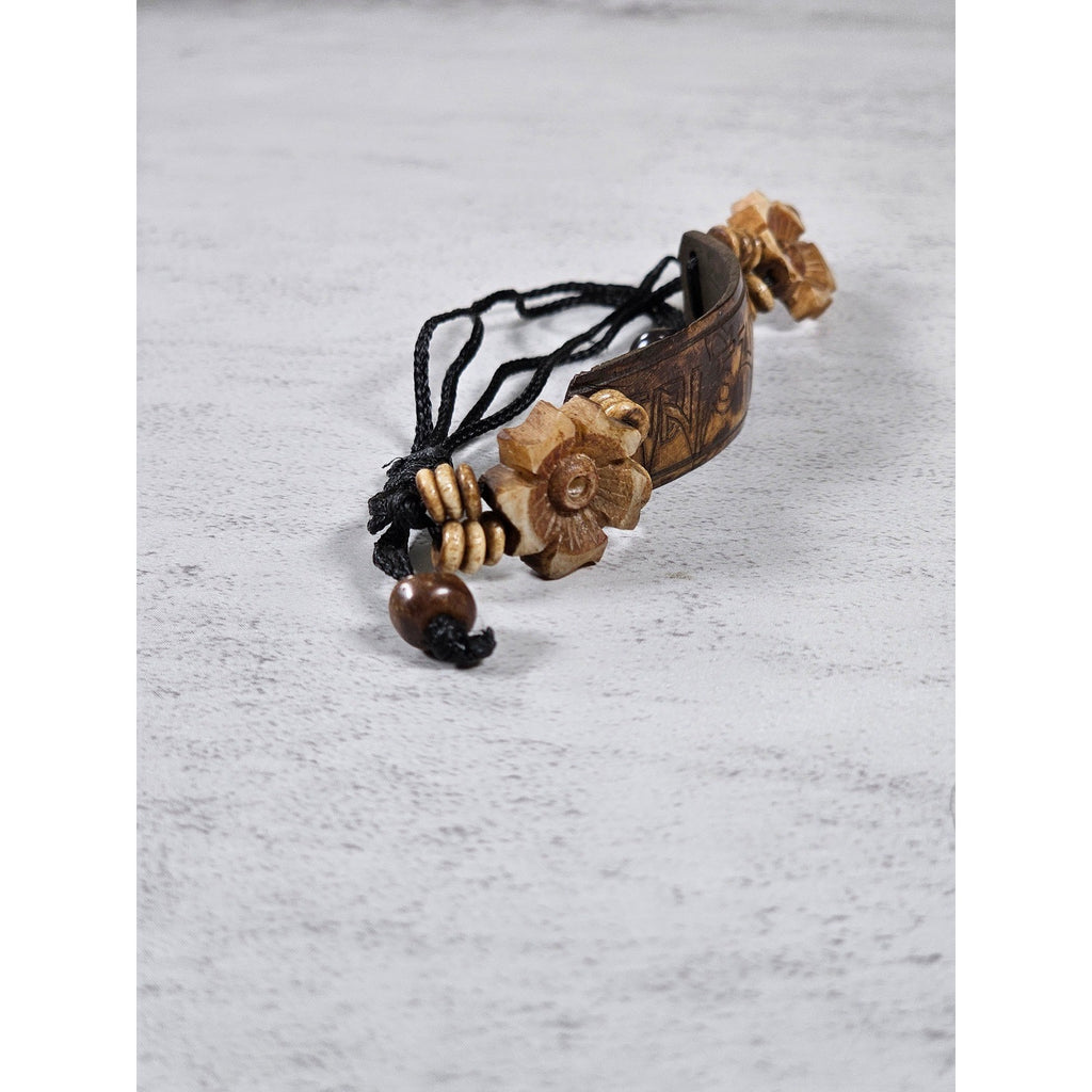 Vintage Carved Wood Adjustable Bracelet with Floral Accents