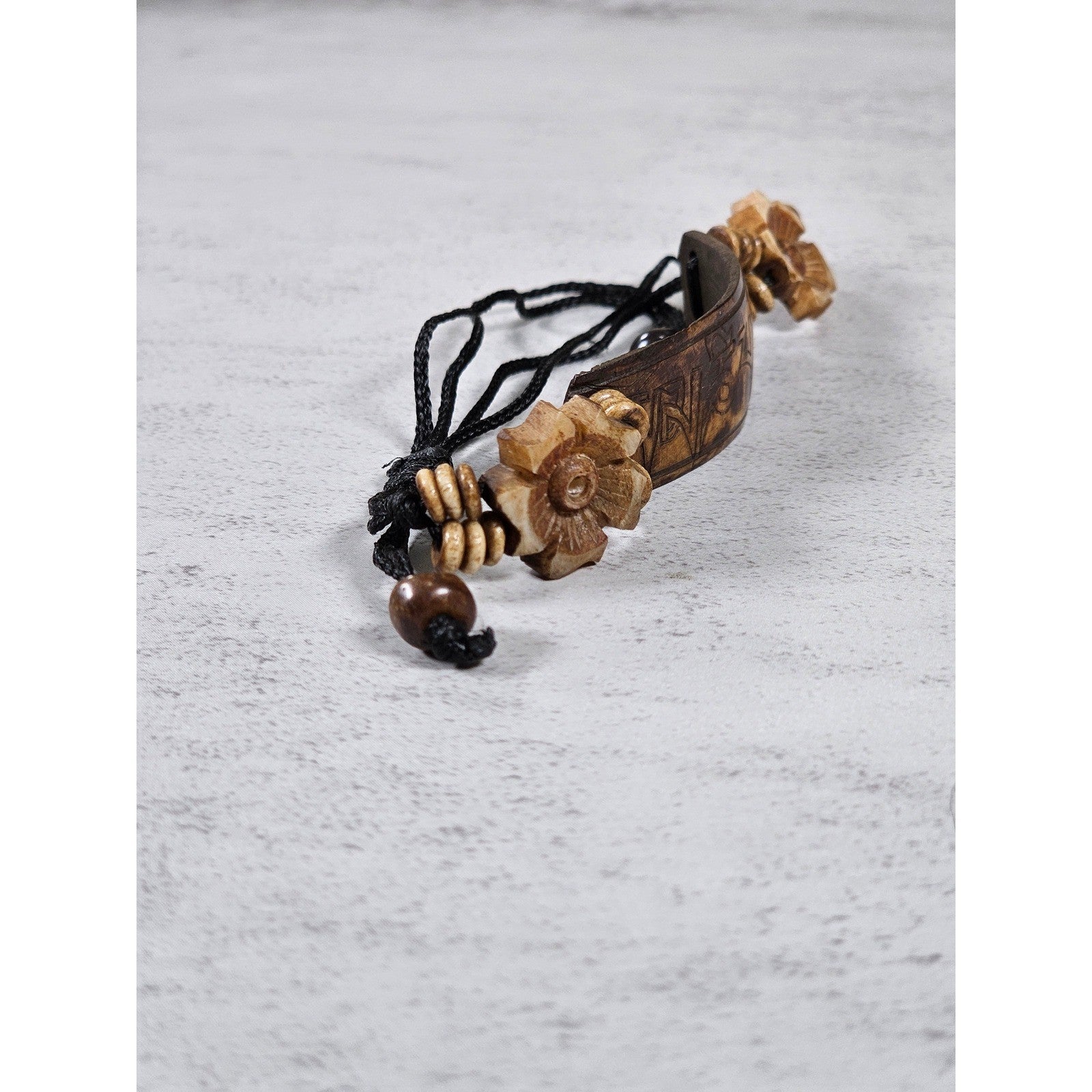 Vintage Carved Wood Adjustable Bracelet with Floral Accents