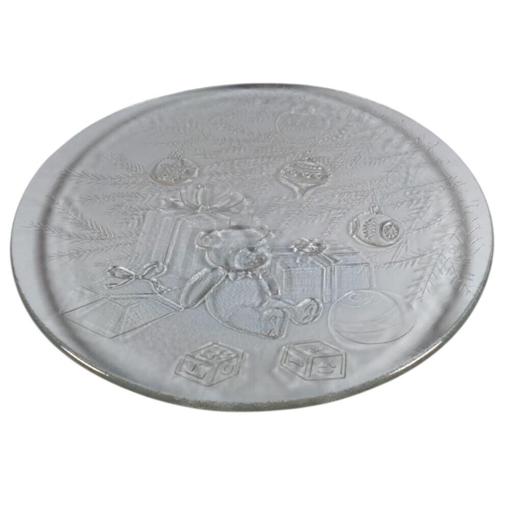 Vintage Clear Glass Teddy Bear Christmas Platter Holiday Serving Dish