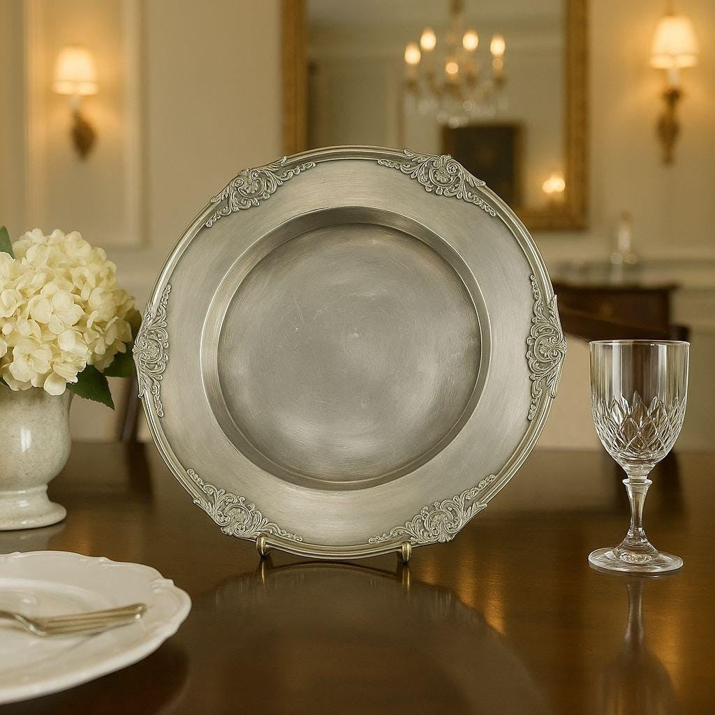 Vintage Pewter Plate 12" Ornate Rim Decorative European Collectible
