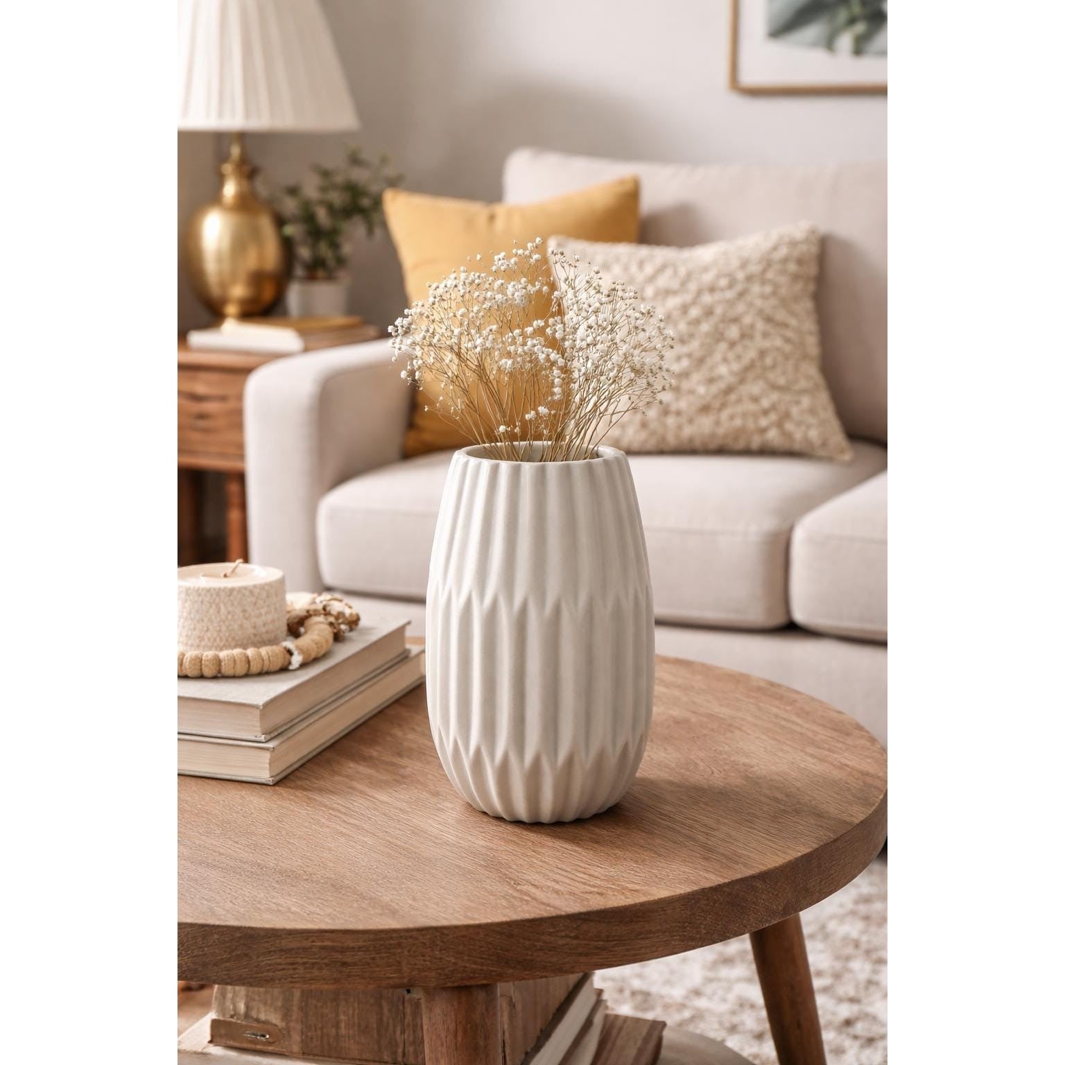 Vintage Grayish White Ribbed Ceramic Vase | 7" Tall Textured Home Decor