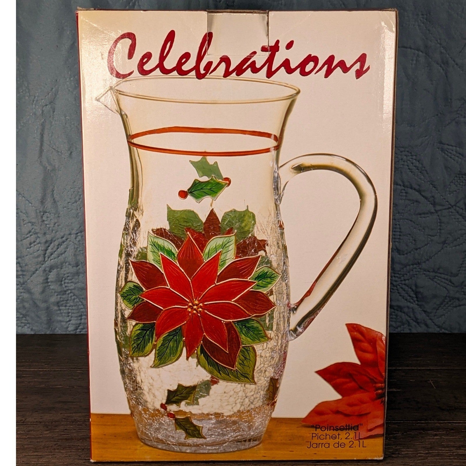 Vintage Poinsettia Glass Pitcher 72 oz Hand Painted Crackle Glass