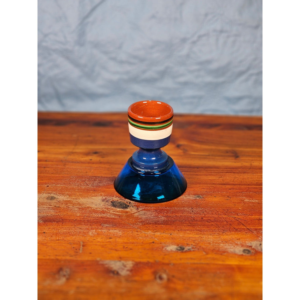 Vintage Nittsjo Sweden Egg Cup Blue Glass Base Hand Painted Ceramic Top