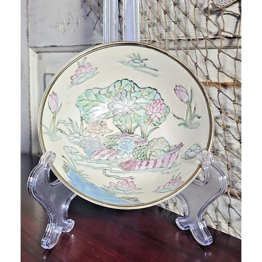 Antique Chinese Famille Rose Bowl Tongzhi Mark Lotus Mandarin Ducks