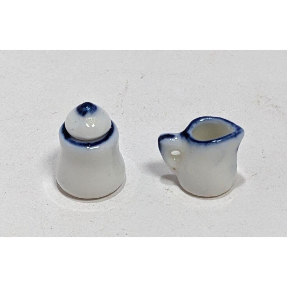 Dollhouse Miniature Coffee Set Blue White Ceramic 1:12 with Stand