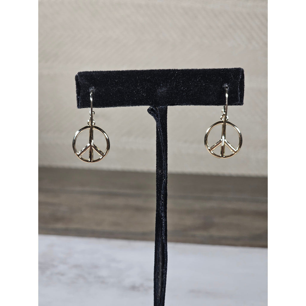 Vintage Gold Tone Peace Sign Dangle Earrings Boho Retro Jewelry
