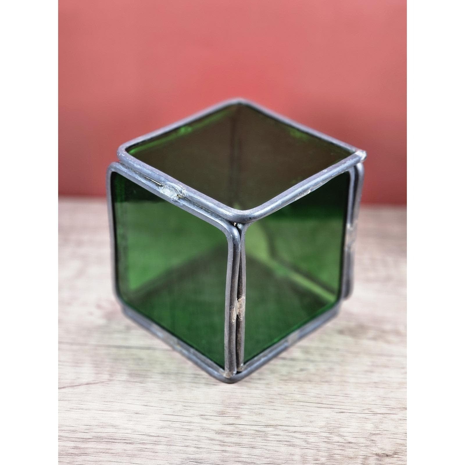 Vintage Green Stained Glass Cube Candle Holder Decorative Glass Accent