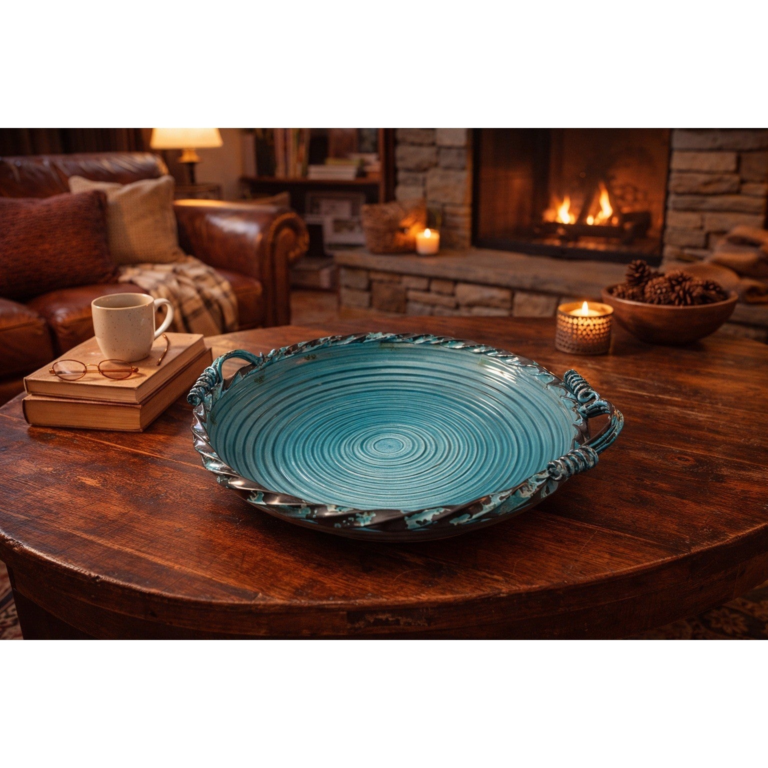 Vintage Teal Metal Tray with Handles | Distressed Round Serving Tray 16"