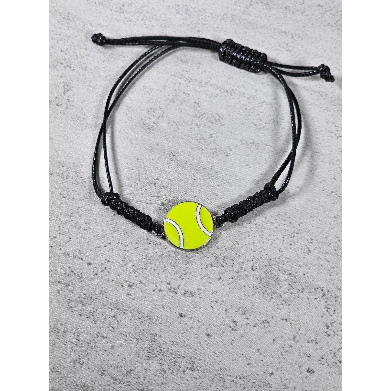 Tennis Ball Charm Bracelet Adjustable Black Cord Sports Jewelry