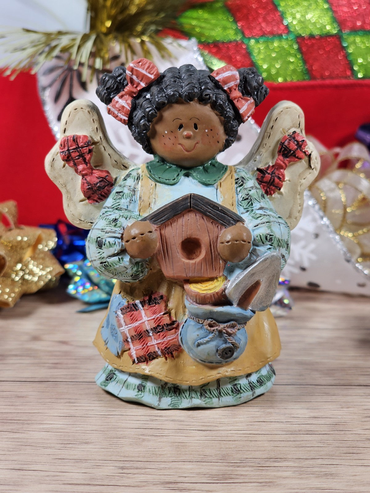 Vintage 90s Angel Figurine Holding Birdhouse 3"