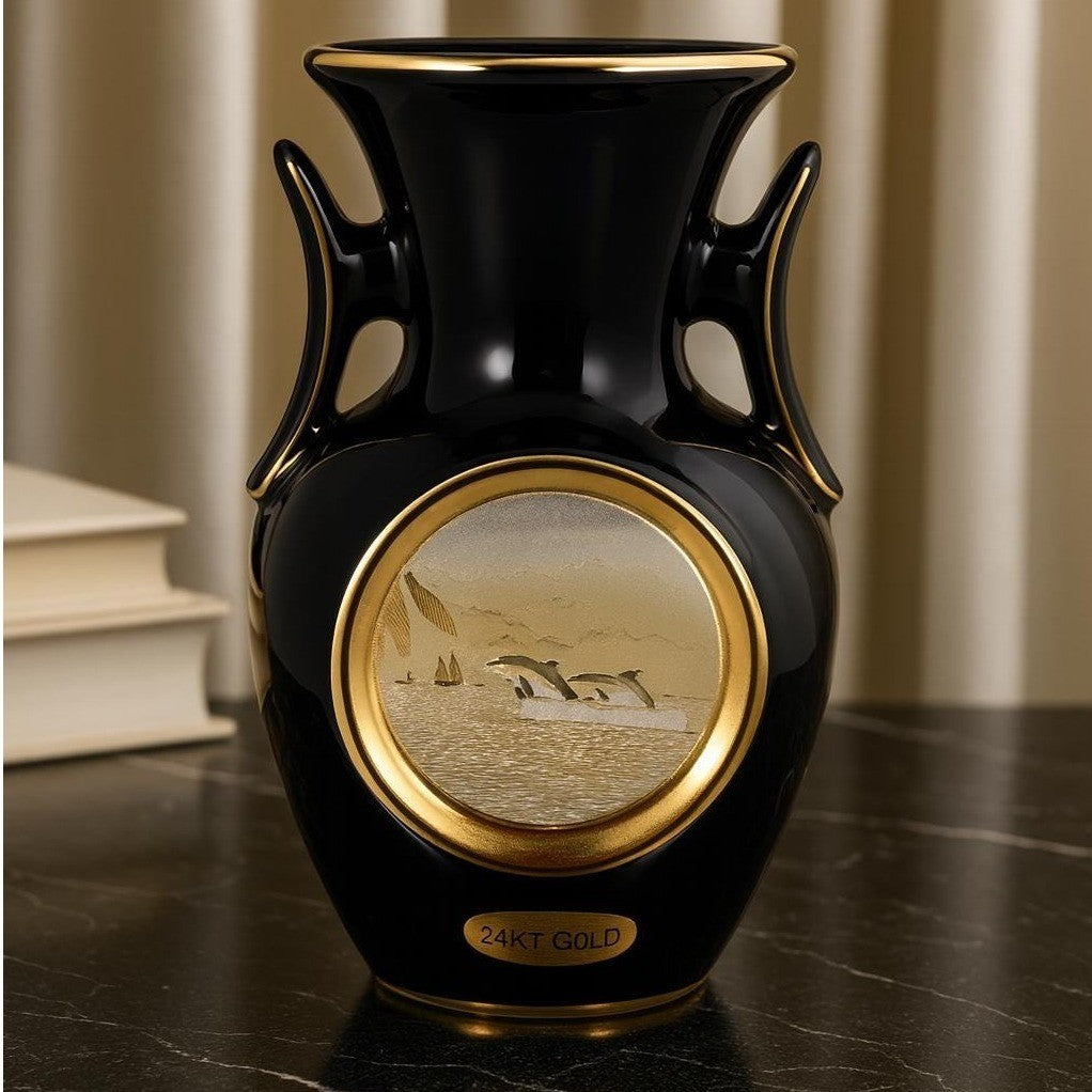Art of Chokin Dolphin Mini Vase Black Gold Japan 5" Vintage