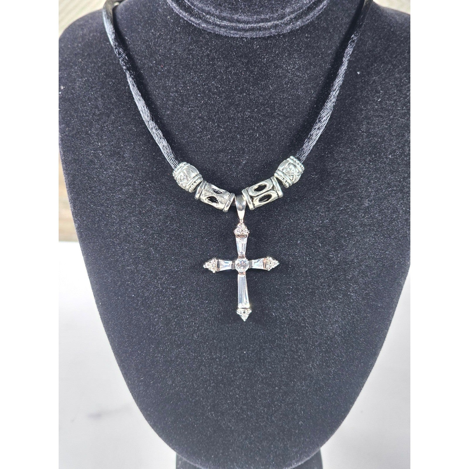 Vintage Silver Tone Cross Necklace Black Cord Beaded Accent