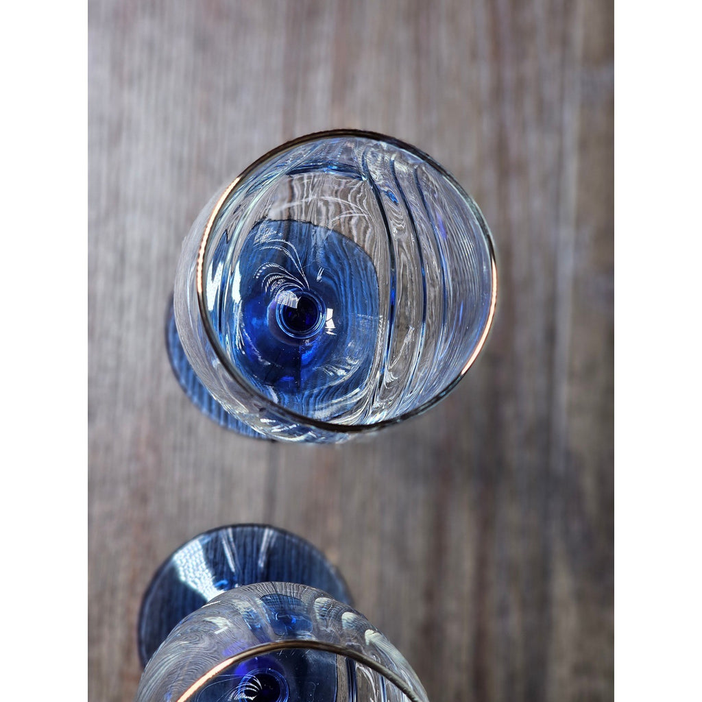 Vintage Blue Stem Wine Glasses Set of 2 Gold Rim Clear Bowl 8 Inch
