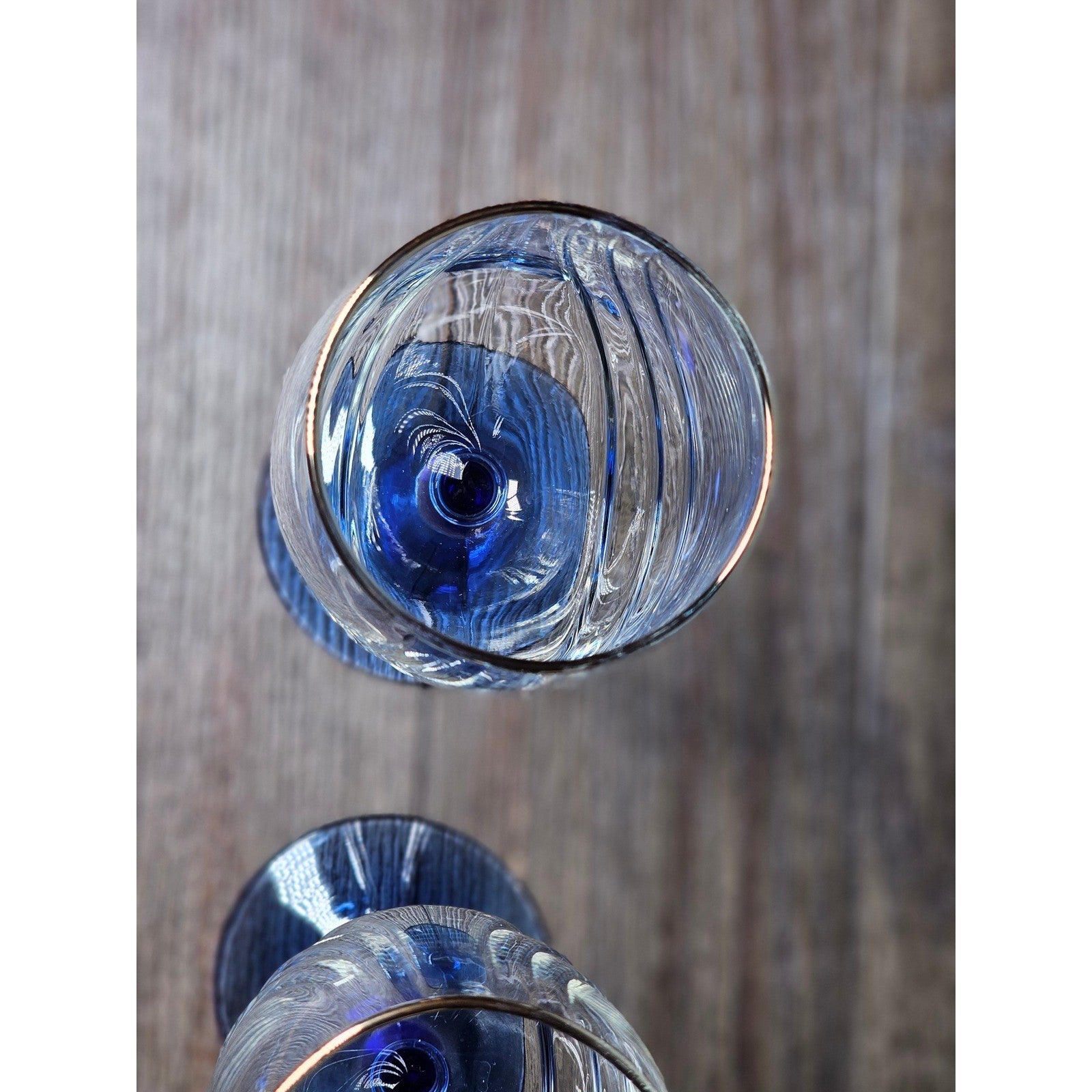 Vintage Blue Stem Wine Glasses Set of 2 Gold Rim Clear Bowl 8 Inch