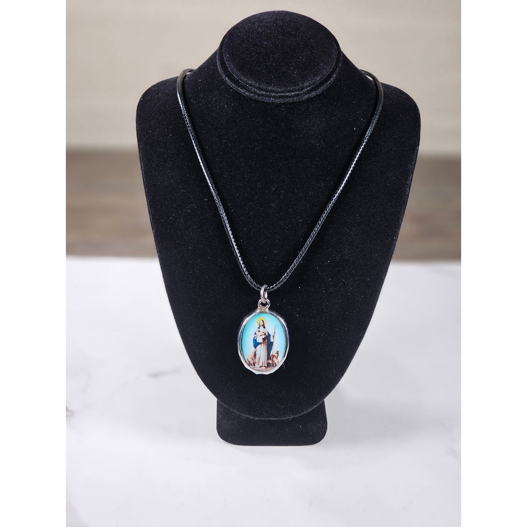 Vintage Religious Shepherd Pendant Aqua Blue Medallion