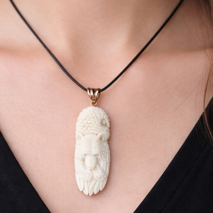 Vintage Carved Buffalo Lion Eagle Wolf Pendant Necklace