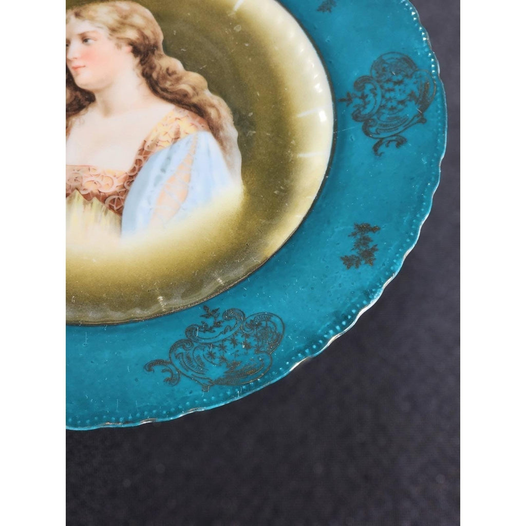 Antique Royal Vienna Porcelain Cabinet Plate Portrait Teal Olive 10 Inch