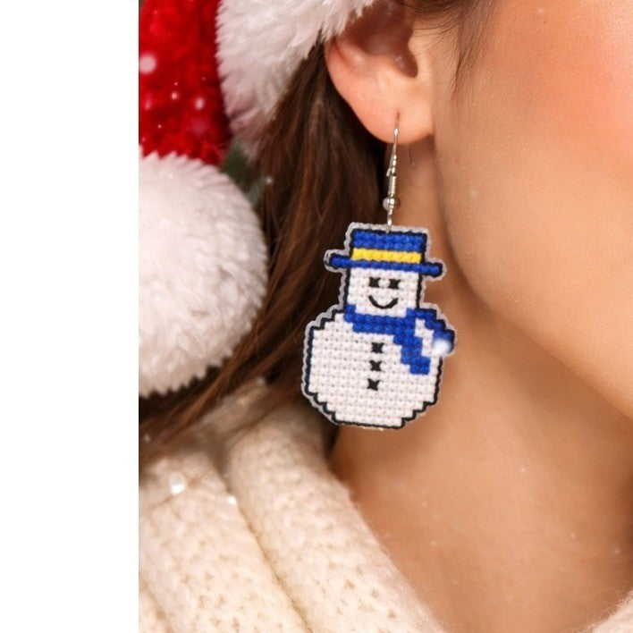 Vintage Handmade Snowman Earrings Blue Scarf Winter Holiday Dangle