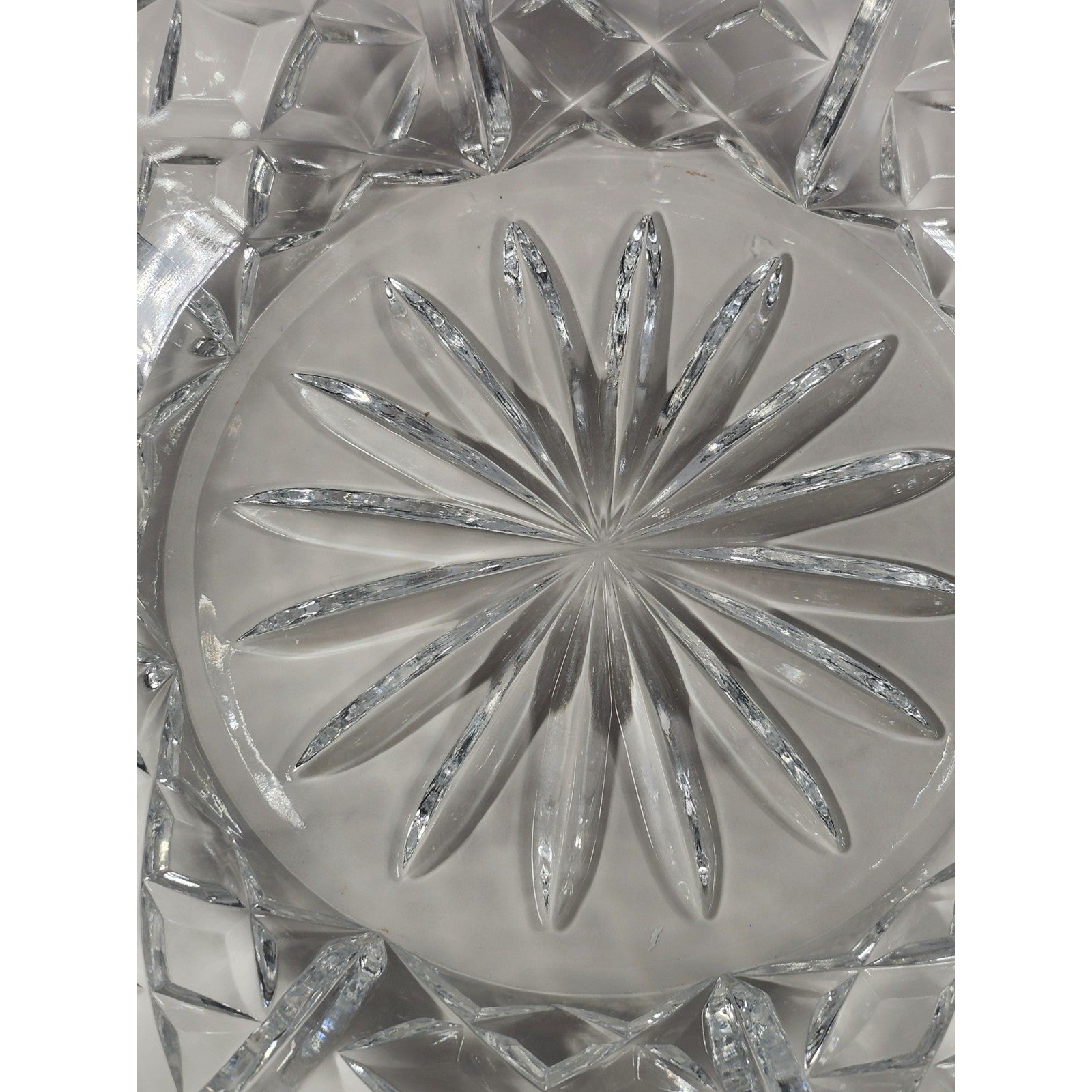 Vintage Cut Crystal Glass Bowl Starburst Pattern Scalloped Rim 9 Inch