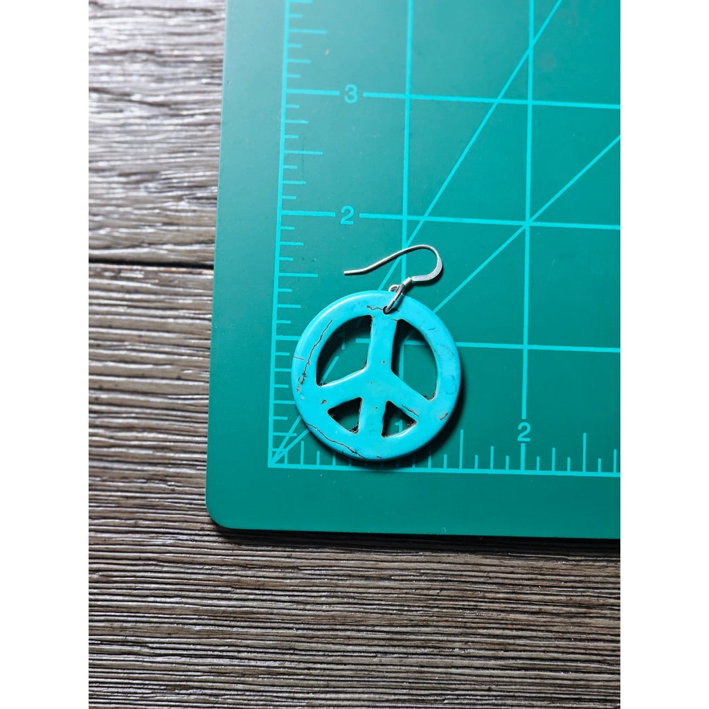 Vintage Turquoise Peace Sign Dangle Earrings Boho Hippie Style