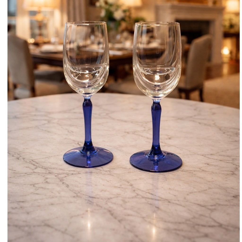 Vintage Blue Stem Wine Glasses Set of 2 Gold Rim Clear Bowl 8 Inch