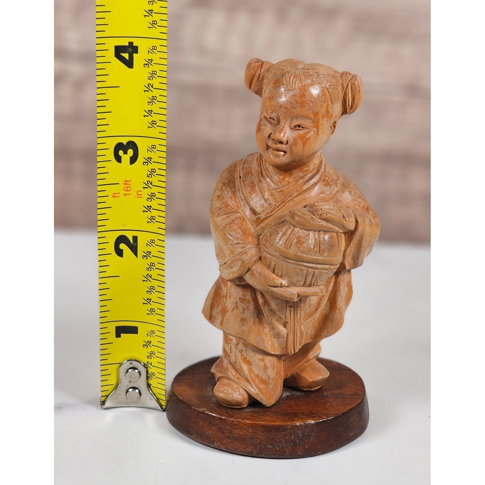 Vintage Asian Child Figurine Statue on Wood Base Aged Decorative Sculpture