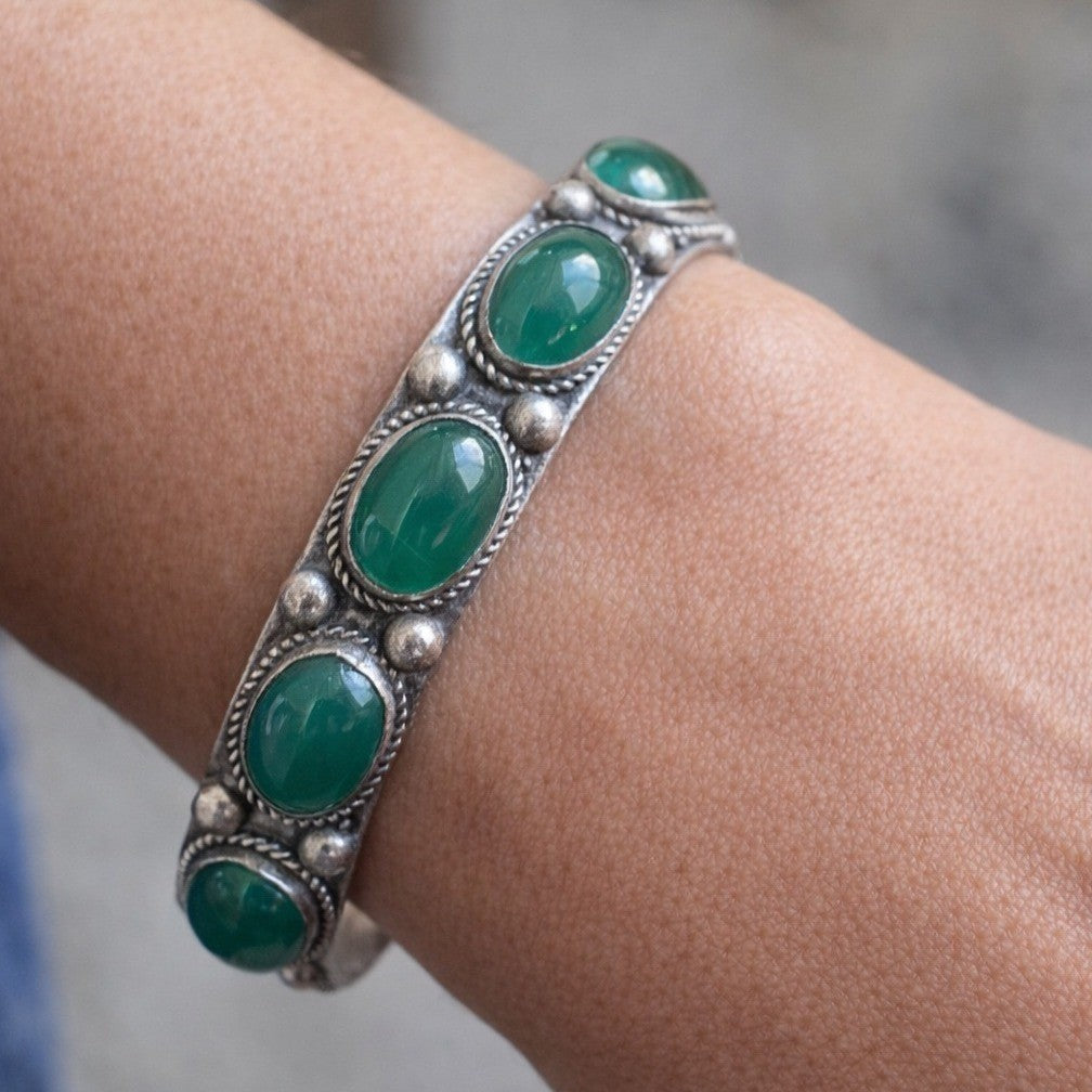 Vintage Green Cabochon Cuff Bracelet Silver Tone Statement