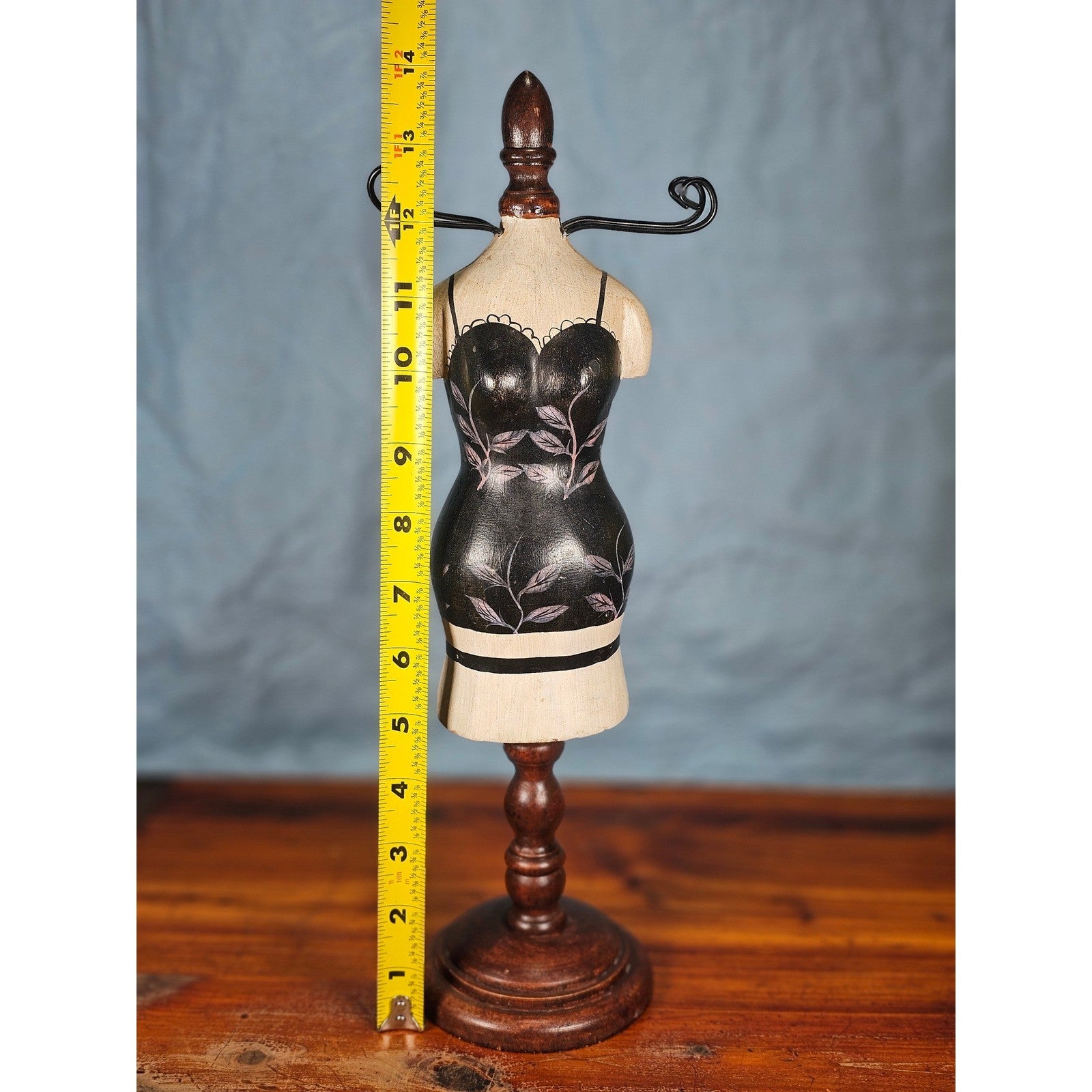 Vintage Floral Mannequin Jewelry Holder Wood Base Display Stand