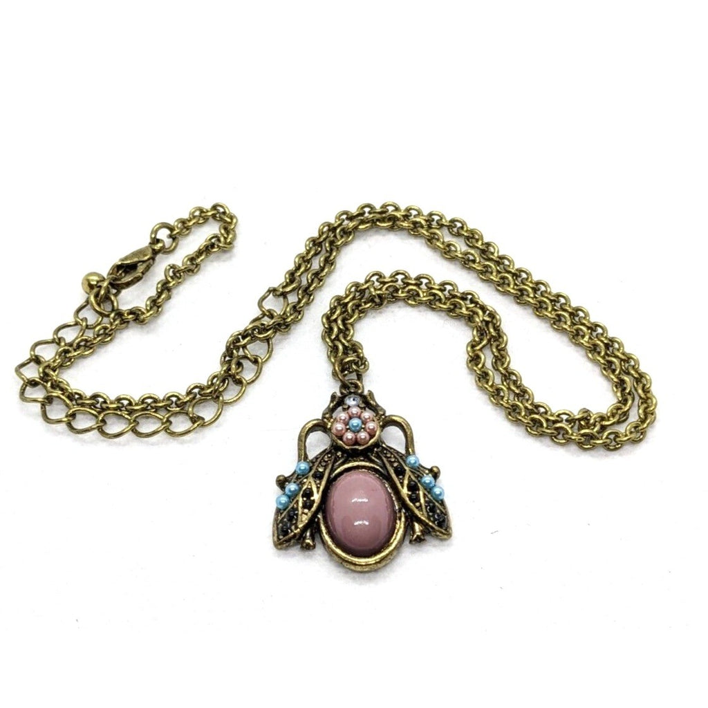 Gold Beetle Necklace 20 Inch Beaded Vintage Inspired Pendant