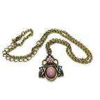 Gold Beetle Necklace 20 Inch Beaded Vintage Inspired Pendant