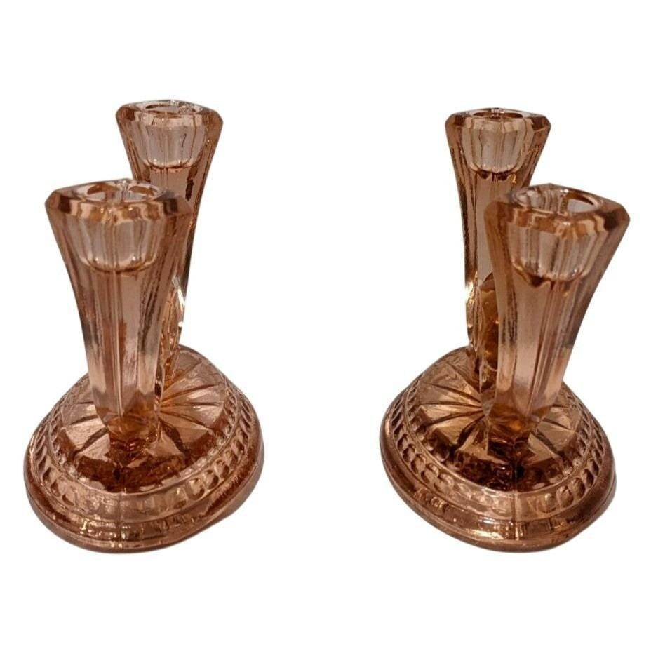 Vintage Heisey Peach Depression Glass Double Candelabras Pair