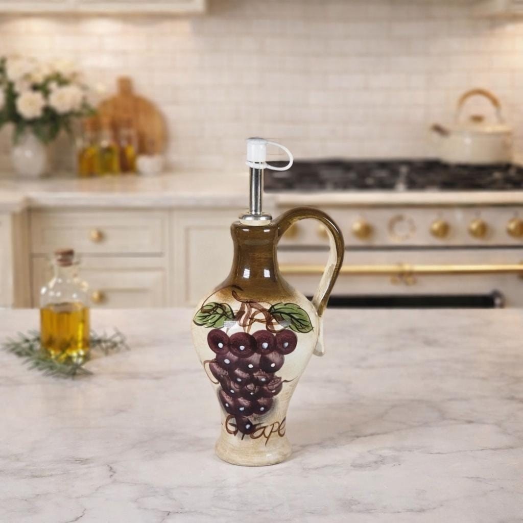 Vintage Rustic Orchard Plum Grape Oil Cruet Hand Painted Stoneware 9"